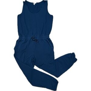 Daily Ritual Womens Navy Blue Sleeveless Knit Jogger Jumpsuit Size L Drawstring